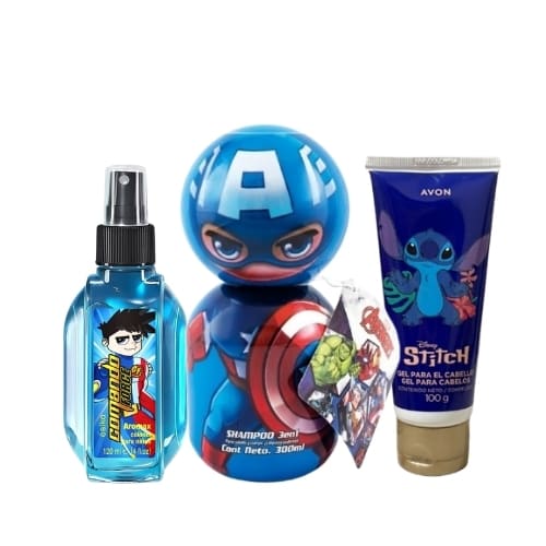 Kit Niños: Colonia Comando Aromax + Shampoo 3 en 1 Capitán América + Gel Stitch