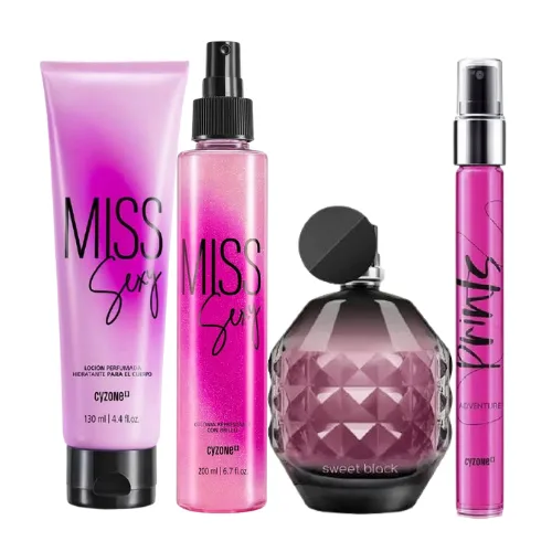 Miss Sexy Locion Perfumada Hidratante Para El Cuerpo  + Miss Sexy Colonia Refrescante Con Billo + Sweet Black  + Prints Adventure