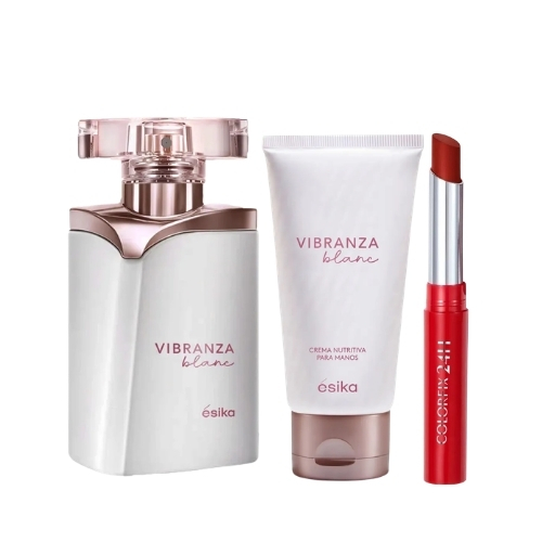 Vibranza Blanc perfume + Vibranza Blanc crema de manos + Labial Pimienta Caliente en barra 24H